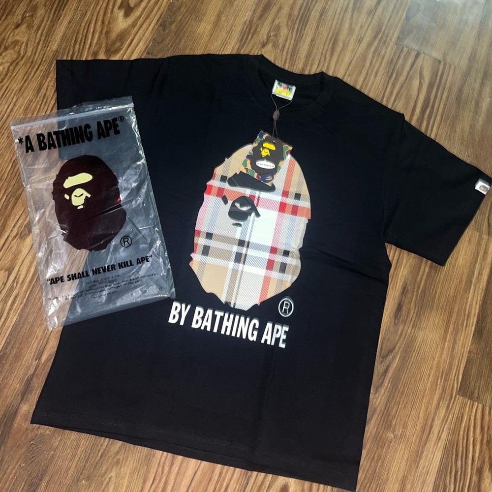 Bape Black Short Sleeve Tee with Plaid Ape Head